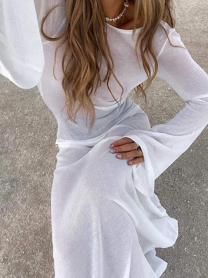 W&W Mode - Luxus Maxikleid Kleid mit langen Ärmeln Weiß | Vintage Sommerkleid | Zeitlos design
