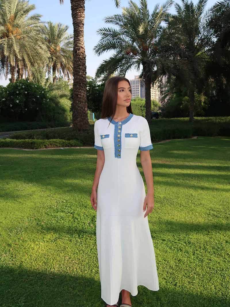 WW | Maxi-Kleid - Dekorative Strick mit Fransen-Denim-Einsatz