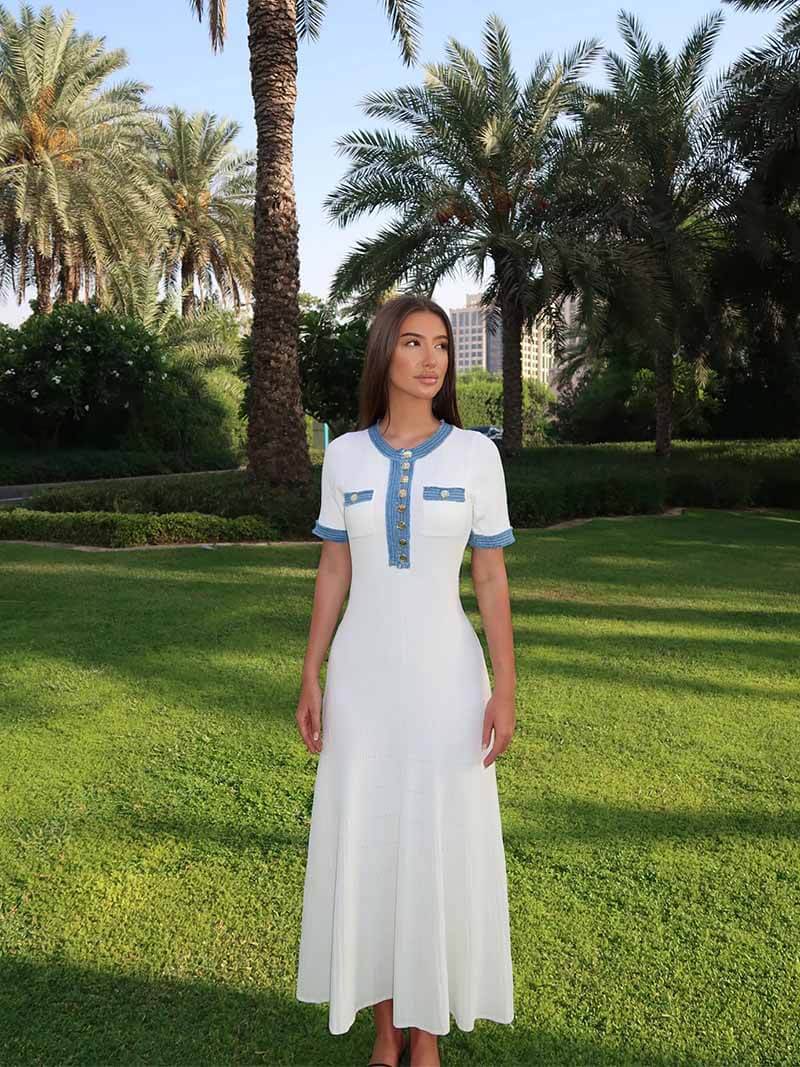 WW | Maxi-Kleid - Dekorative Strick mit Fransen-Denim-Einsatz