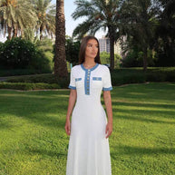 WW | Maxi-Kleid - Dekorative Strick mit Fransen-Denim-Einsatz