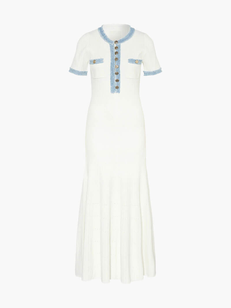 WW | Maxi-Kleid - Dekorative Strick mit Fransen-Denim-Einsatz