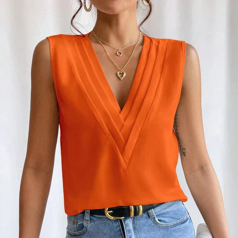 W&W Mode | Ärmellose V-Ausschnitt Bluse mit Faltendetail für Damen