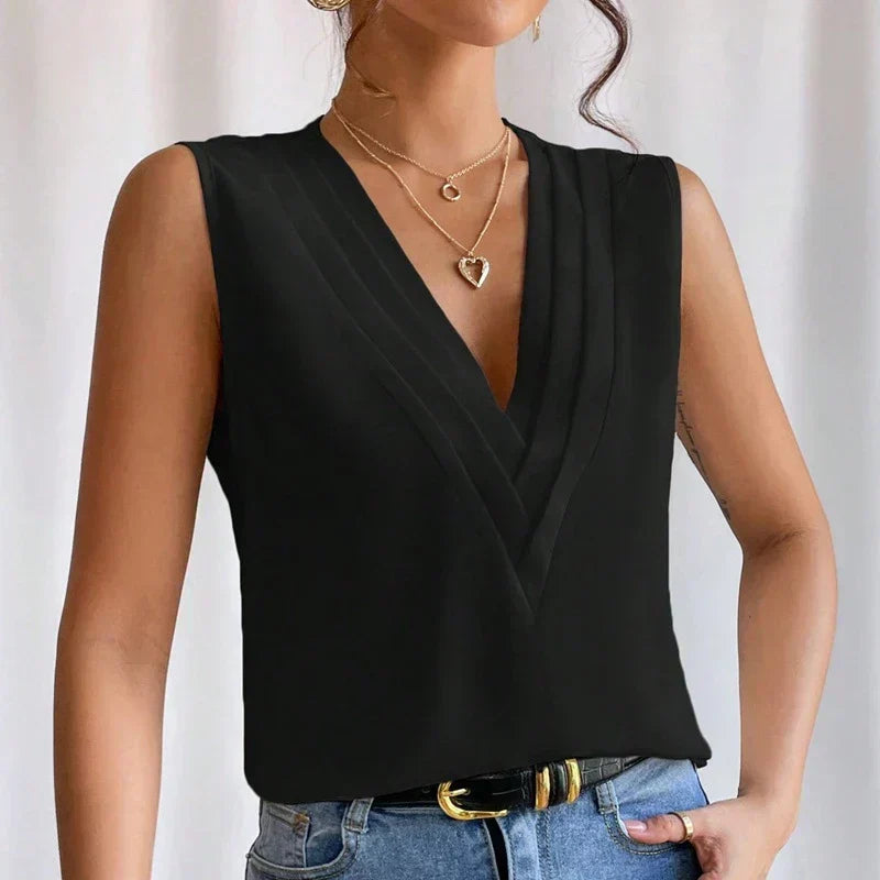 W&W Mode | Ärmellose V-Ausschnitt Bluse mit Faltendetail für Damen