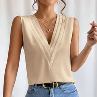 WW | Ärmellose V-Ausschnitt Bluse mit Faltendetail für Damen