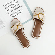 WW – Damen-Slipper aus Leder mit quadratischer Zehenpartie: Designer-Flats mit Metallverzierung, Outdoor-Flip-Flops, Gummisohle