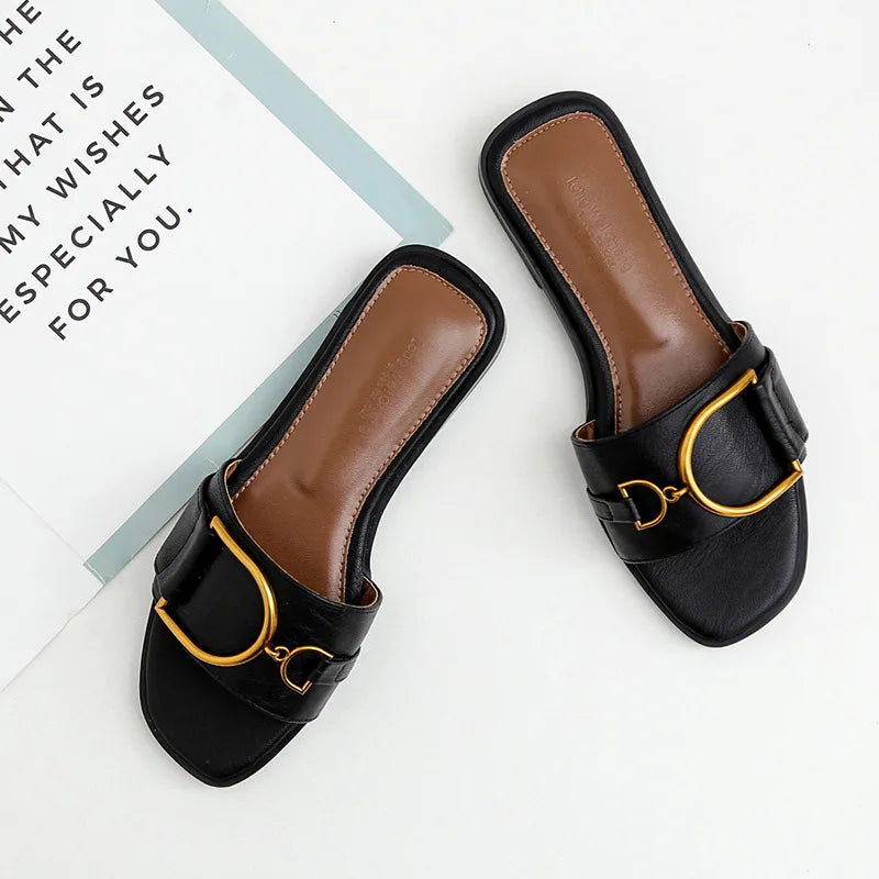 WW – Damen-Slipper aus Leder mit quadratischer Zehenpartie: Designer-Flats mit Metallverzierung, Outdoor-Flip-Flops, Gummisohle
