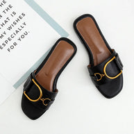 WW – Damen-Slipper aus Leder mit quadratischer Zehenpartie: Designer-Flats mit Metallverzierung, Outdoor-Flip-Flops, Gummisohle