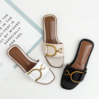 WW – Damen-Slipper aus Leder mit quadratischer Zehenpartie: Designer-Flats mit Metallverzierung, Outdoor-Flip-Flops, Gummisohle