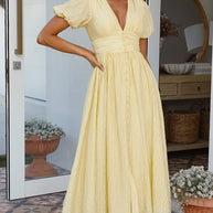 WW | V Ausschnitt Puffärmel Maxikleid Sommerkleider