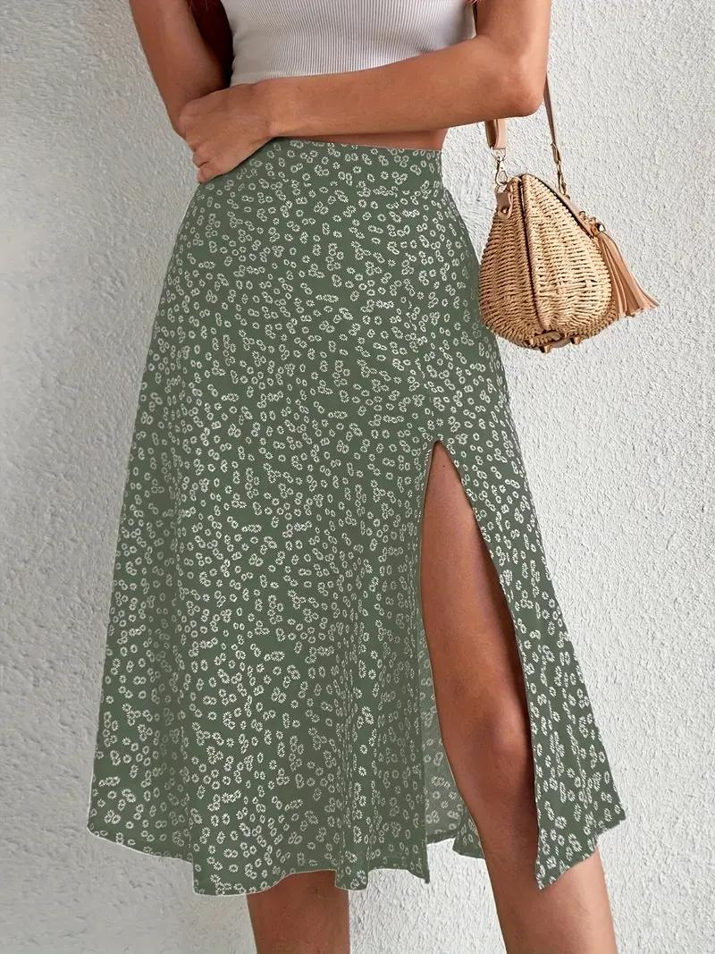 WW | Sommerrock, floral, geteilt, Midi-Rock, Rock mit hoher Taille