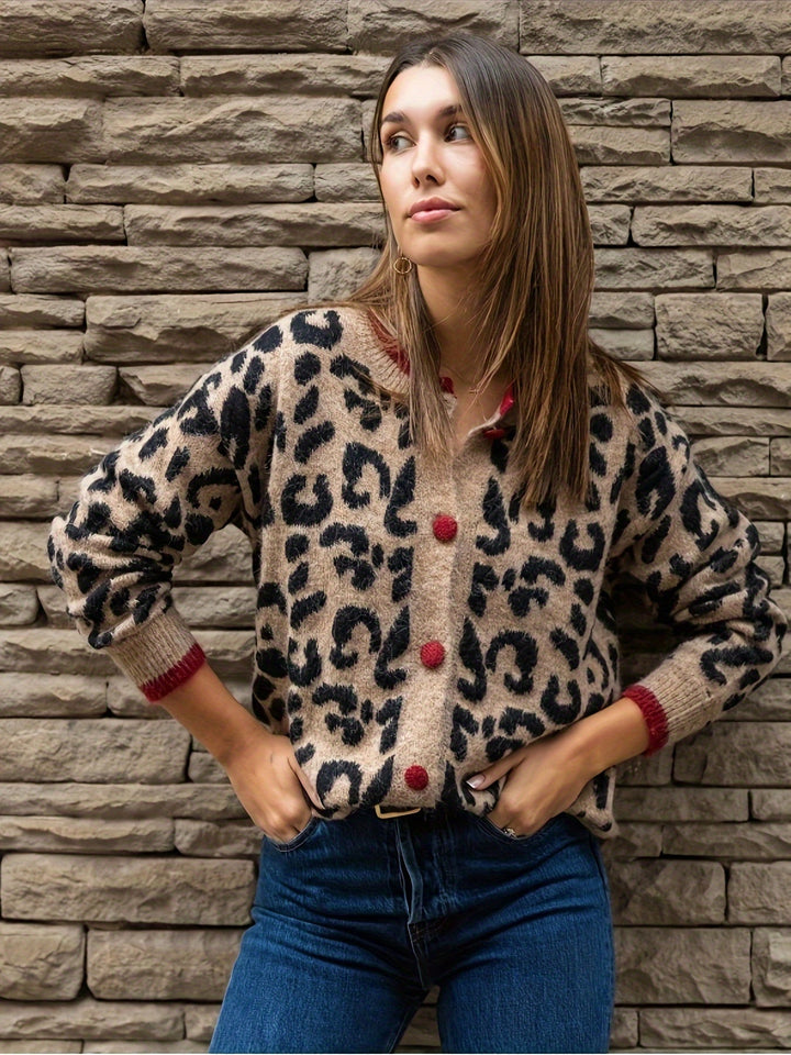 W&W Mode | Stilvoller Leopardenmuster Strickjacke Mit Knopfverschluss