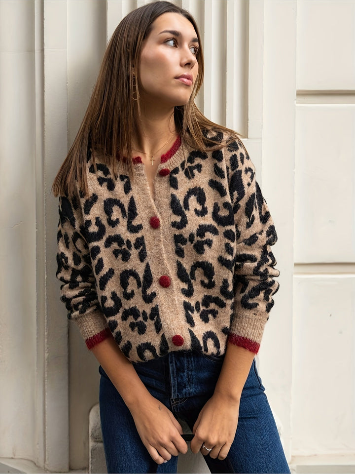 W&W Mode | Stilvoller Leopardenmuster Strickjacke Mit Knopfverschluss