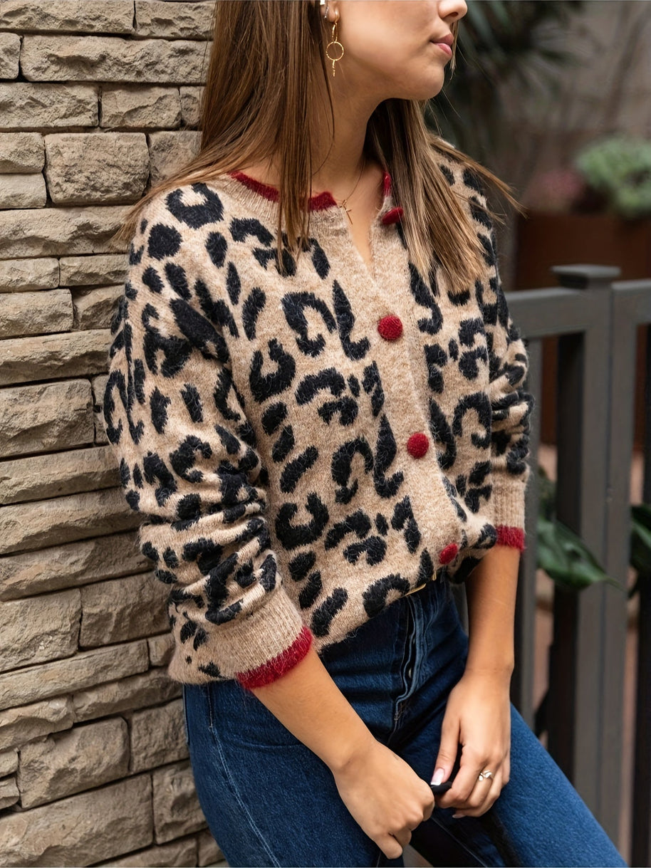 WW | Stilvoller Leopardenmuster Strickjacke Mit Knopfverschluss