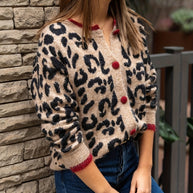 WW | Stilvoller Leopardenmuster Strickjacke Mit Knopfverschluss