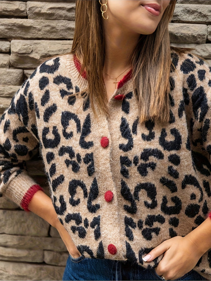 W&W Mode | Stilvoller Leopardenmuster Strickjacke Mit Knopfverschluss