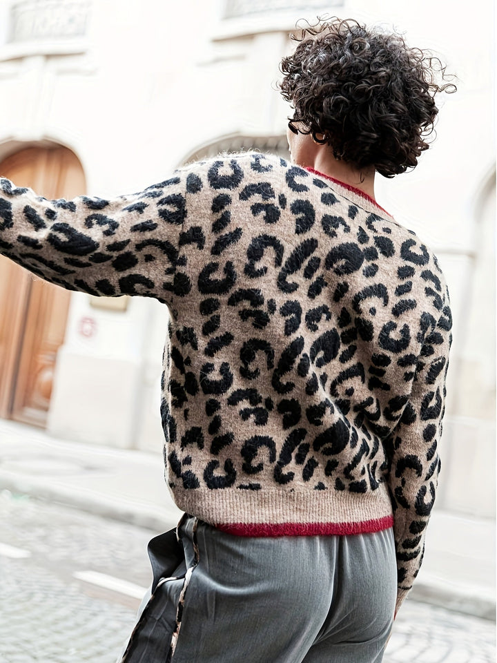 W&W Mode | Stilvoller Leopardenmuster Strickjacke Mit Knopfverschluss