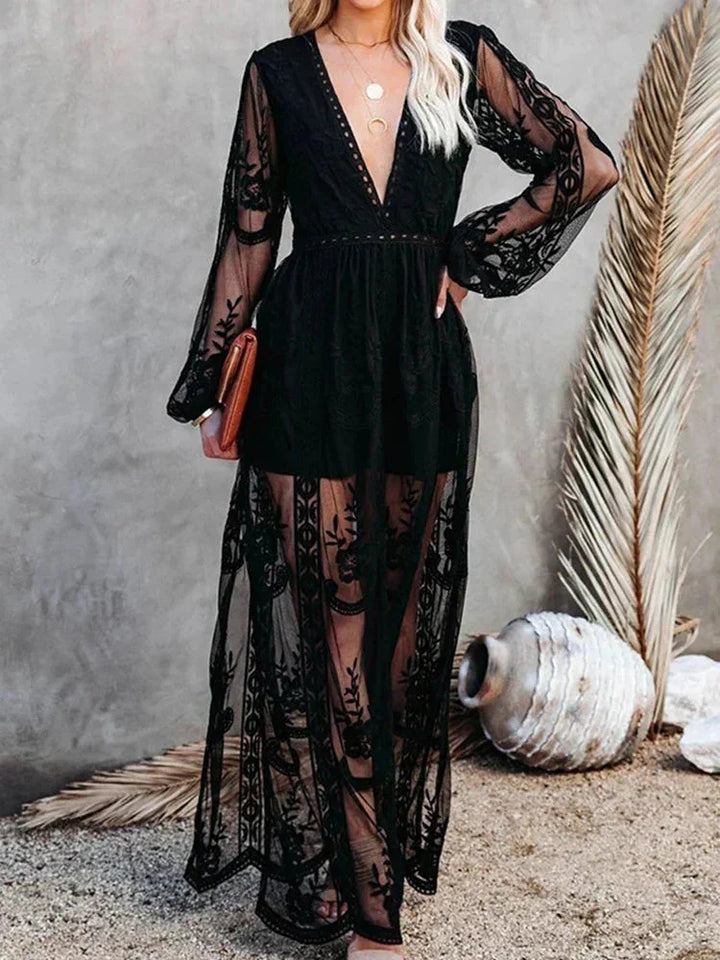 W&W Mode | V-Ausschnitt Lange Ärmel Maxikleid Sommerkleid