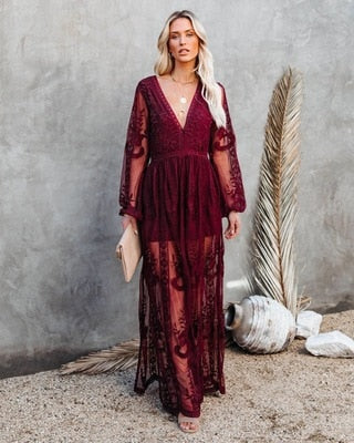 W&W Mode | V-Ausschnitt Lange Ärmel Maxikleid Sommerkleid