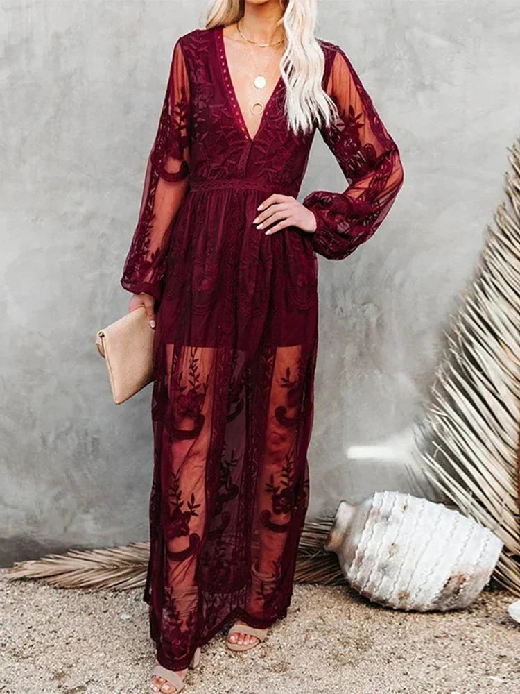 W&W Mode | V-Ausschnitt Lange Ärmel Maxikleid Sommerkleid