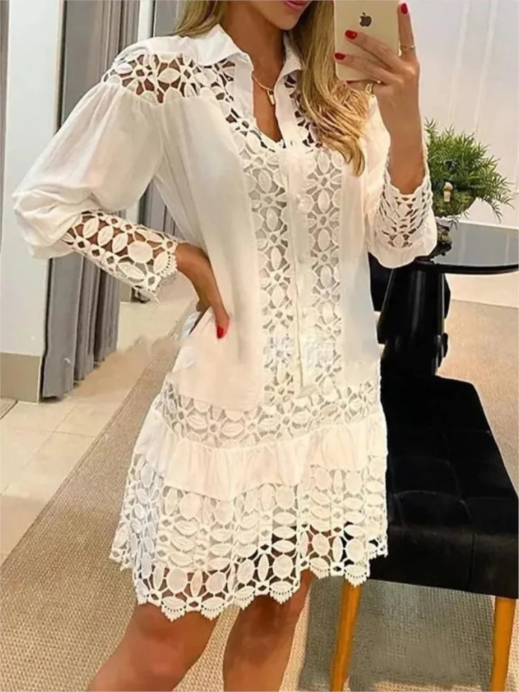 WW | Shirt Kleid Häkelspitzen Details Kragen Gestufter Rock Lange Ärmel