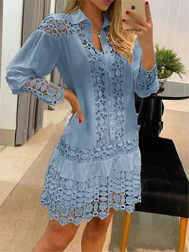WW | Shirt Kleid Häkelspitzen Details Kragen Gestufter Rock Lange Ärmel