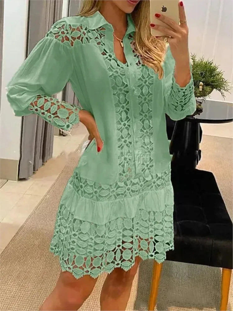 WW | Shirt Kleid Häkelspitzen Details Kragen Gestufter Rock Lange Ärmel