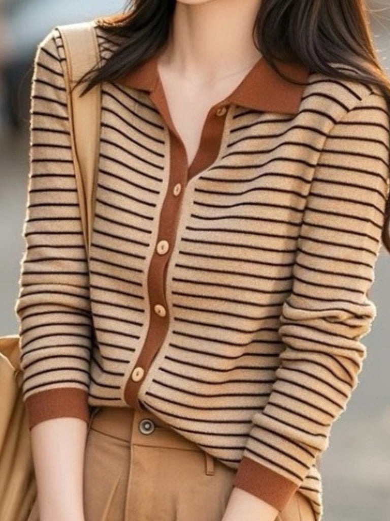 WW | Braun Gestreifter Revers Strick-Cardigan