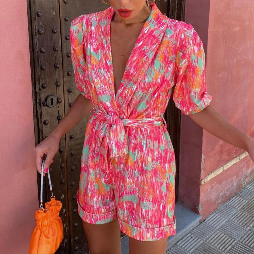 W&W Mode | V Ausschnitt Kurze Ärmel Jumpsuit Sommerkleidung