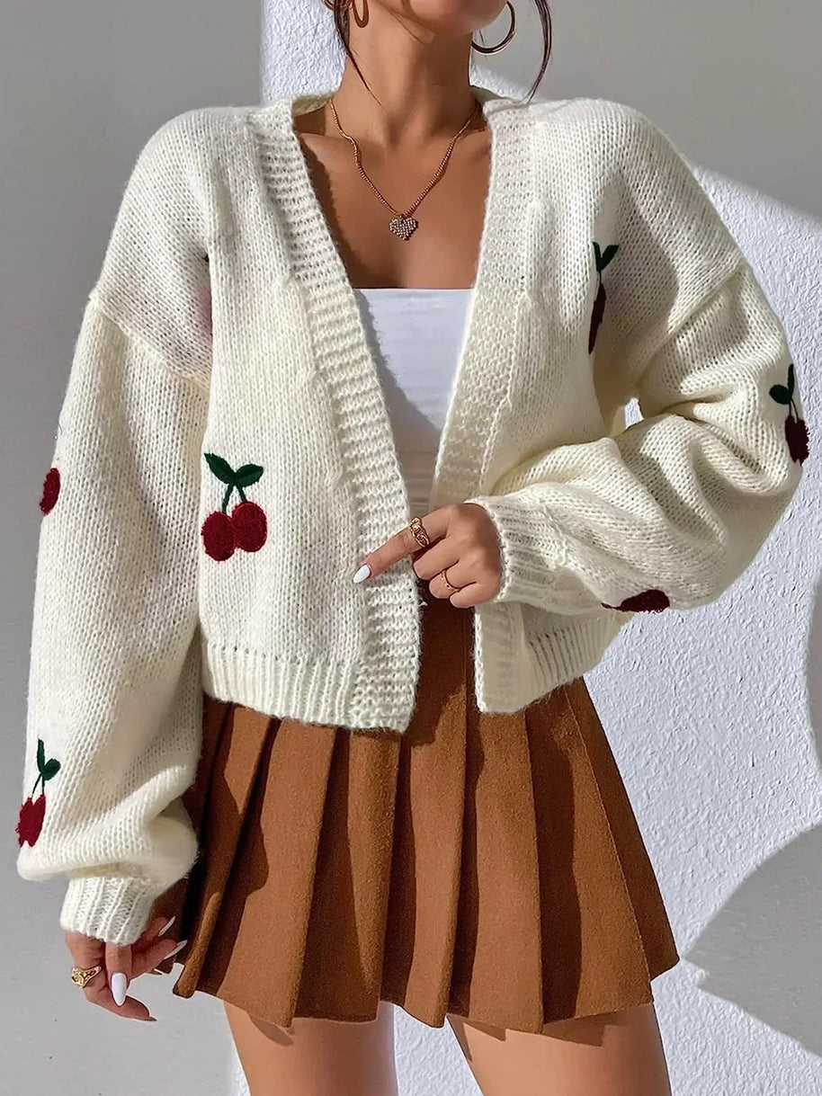 WW | Kirschrot Weiß Grobstrickjacke Damenjacke