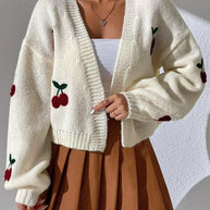 WW | Kirschrot Weiß Grobstrickjacke Damenjacke