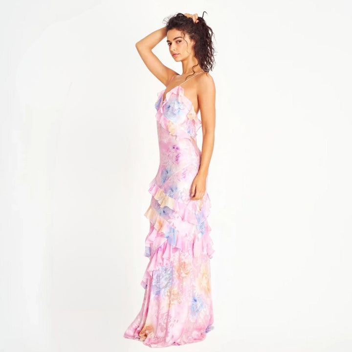 W&W Mode | Damen Blumenkleid Mit Rüschen & V-ausschnitt