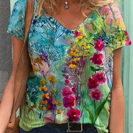 WW | Shirt Mit V-ausschnitt Malerei Blumenkunst