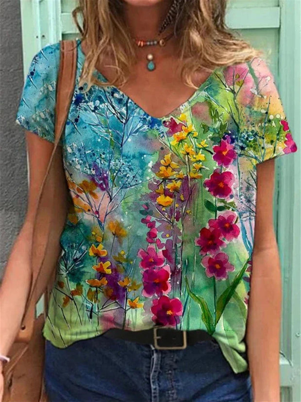 WW | Shirt Mit V-ausschnitt Malerei Blumenkunst