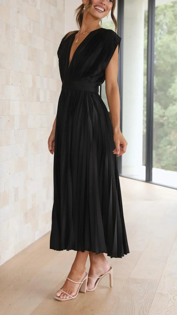 WW Plissiertes Kleid | Elegantes Mido Damenkleid mit V-Ausschnitt und Rückenbindung