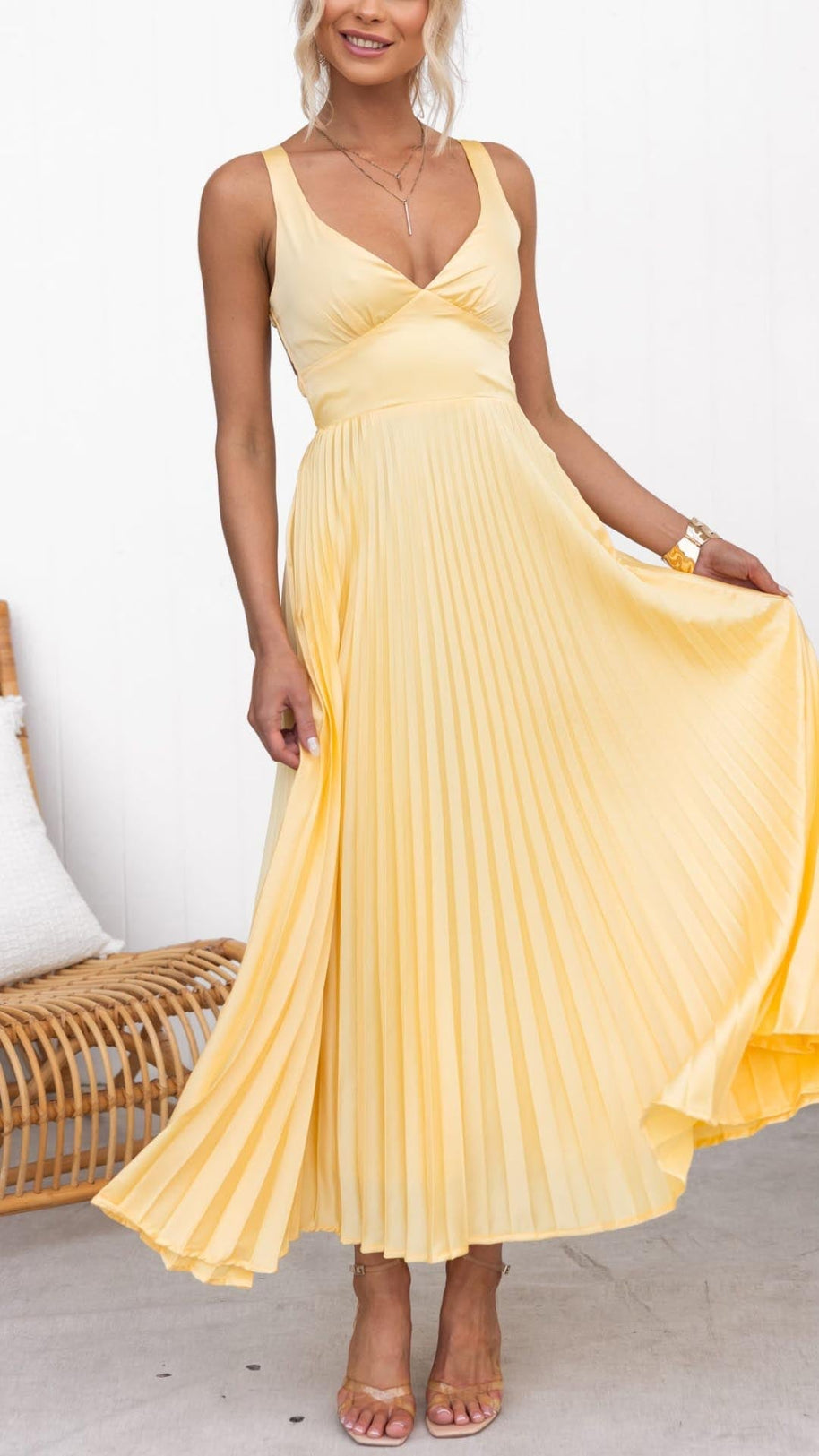 WW | Gelb Plissiertes V-Ausschnitt Maxi Kleid