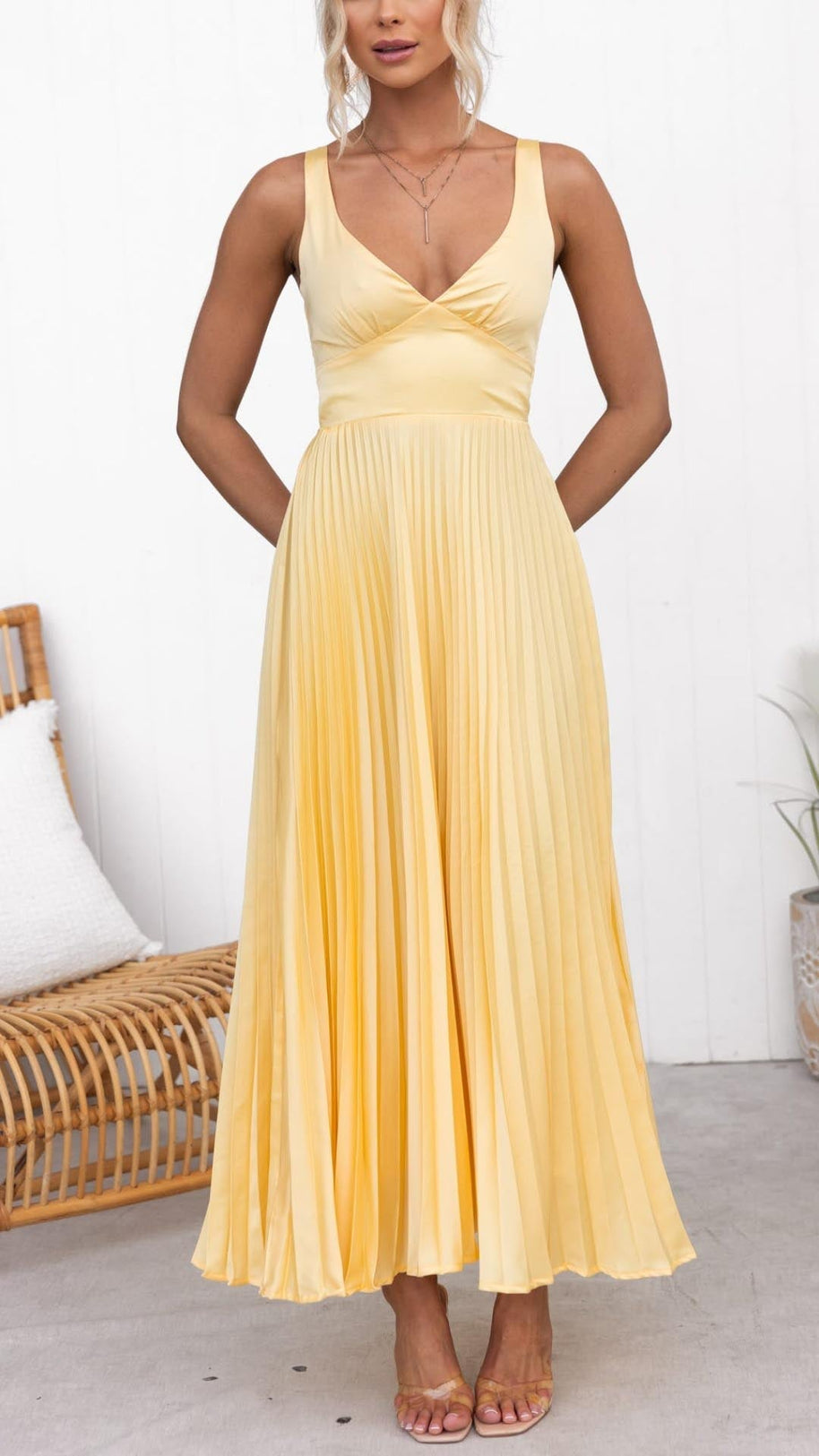 WW | Gelb Plissiertes V-Ausschnitt Maxi Kleid