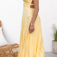 WW | Gelb Plissiertes V-Ausschnitt Maxi Kleid