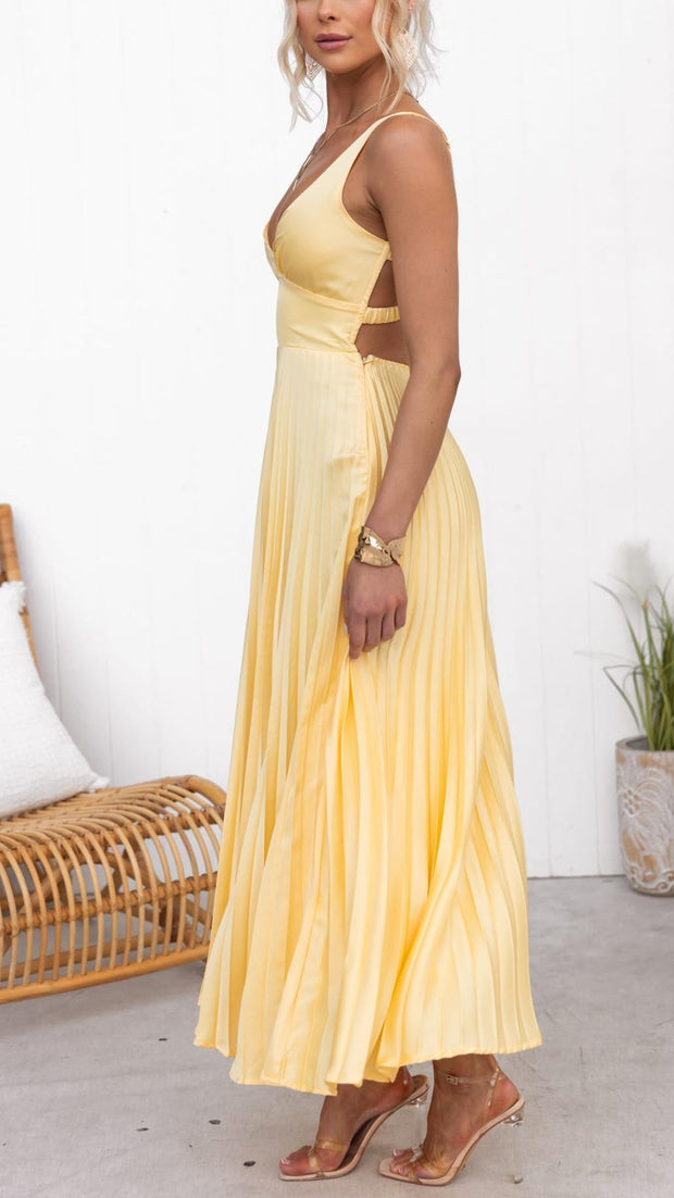 WW | Gelb Plissiertes V-Ausschnitt Maxi Kleid