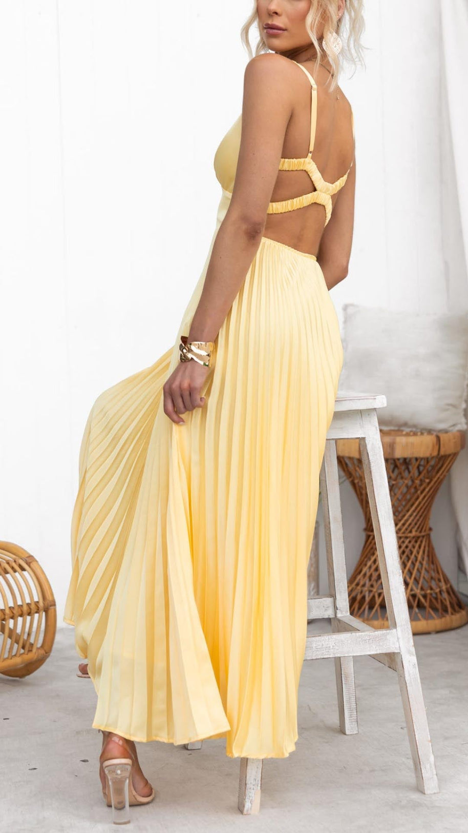 WW | Gelb Plissiertes V-Ausschnitt Maxi Kleid