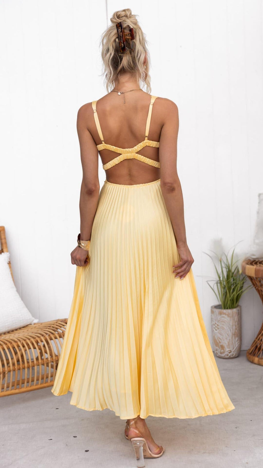 WW | Gelb Plissiertes V-Ausschnitt Maxi Kleid