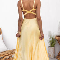 WW | Gelb Plissiertes V-Ausschnitt Maxi Kleid