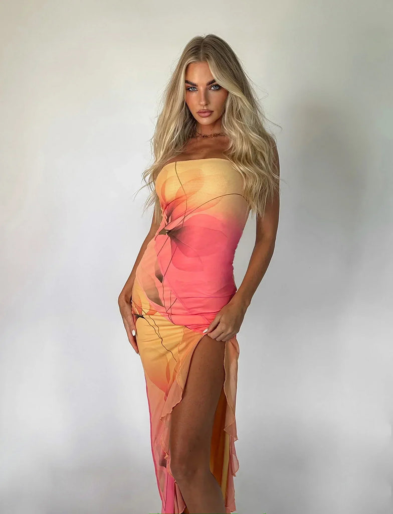 WW | Schulterfreie Maxi-Kleid mit Gradient Blumenmuster