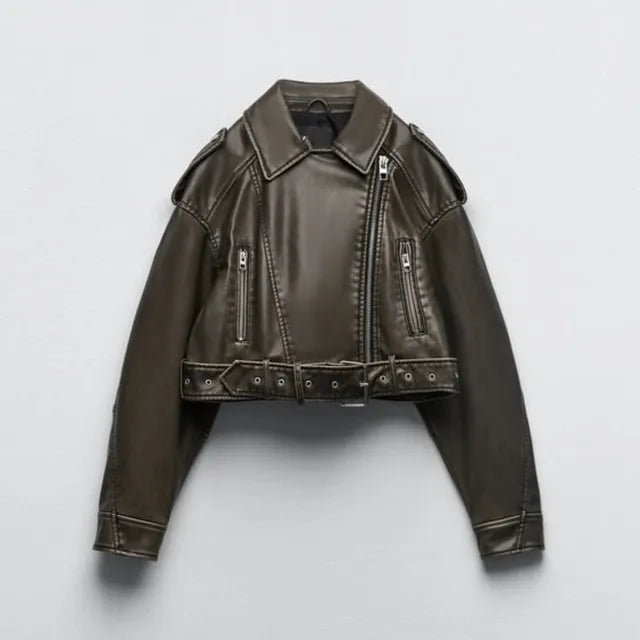 W&W Mode - Damen verkürzte Kunstleder Bikerjacke mit taillierter Taille