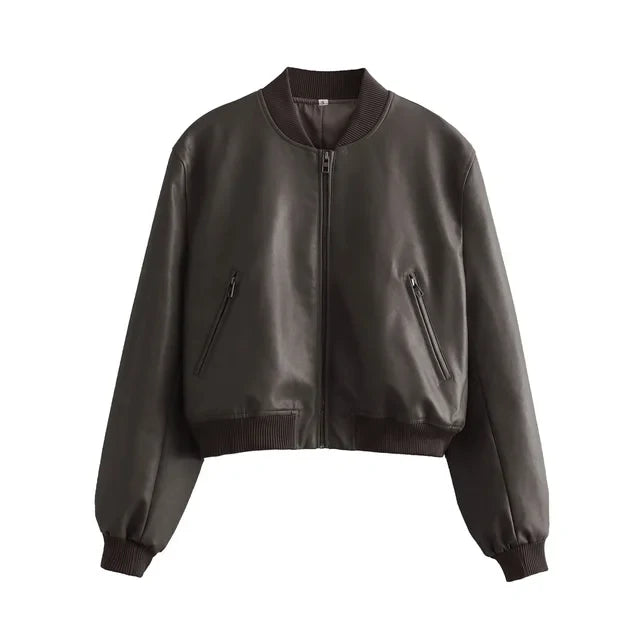 WW - Vintage PU-Leder Bomberjacke für Damen mit Stehkragen und Frontreißverschluss