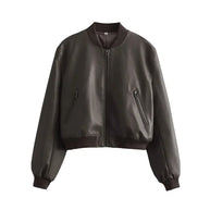 WW - Vintage PU-Leder Bomberjacke für Damen mit Stehkragen und Frontreißverschluss