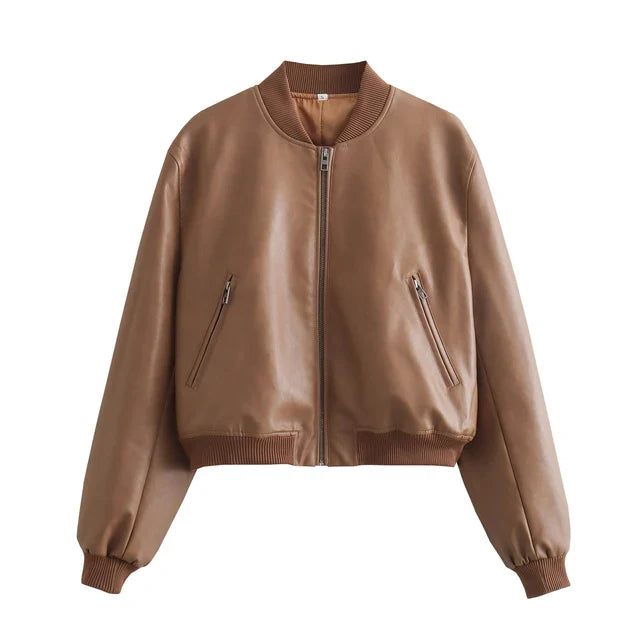 WW - Vintage PU-Leder Bomberjacke für Damen mit Stehkragen und Frontreißverschluss