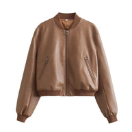 WW - Vintage PU-Leder Bomberjacke für Damen mit Stehkragen und Frontreißverschluss
