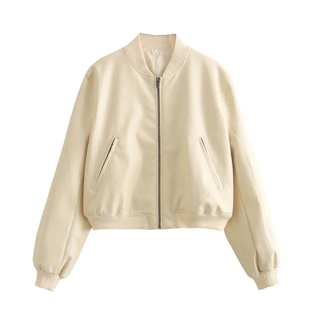 WW - Vintage PU-Leder Bomberjacke für Damen mit Stehkragen und Frontreißverschluss