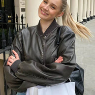 WW - Vintage PU-Leder Bomberjacke für Damen mit Stehkragen und Frontreißverschluss