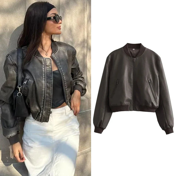 WW - Vintage PU-Leder Bomberjacke für Damen mit Stehkragen und Frontreißverschluss